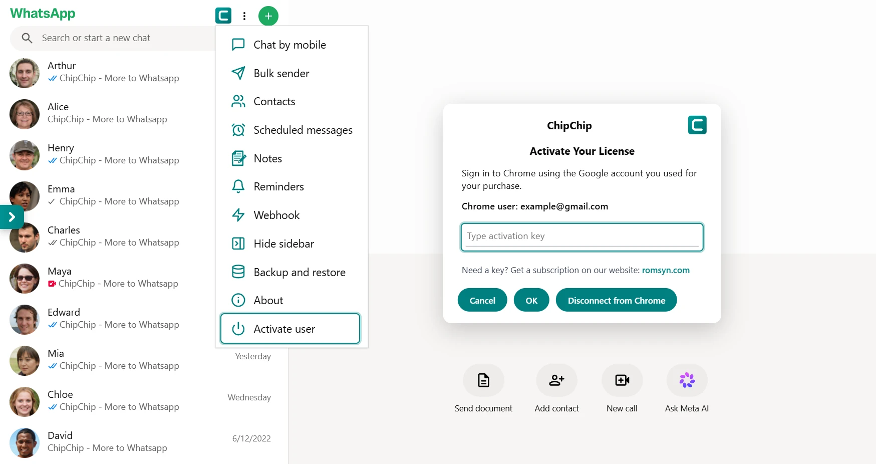 ChipChip Activate user menu and license dialog on WhatsApp Web