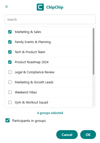ChipChip groups import: eight groups listed, four selected, Participants in groups checked