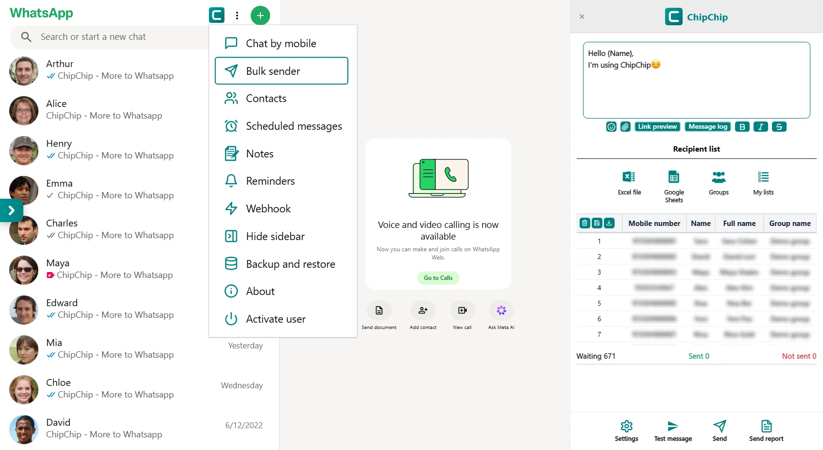 Preview of ChipChip Bulk Sender on WhatsApp Web