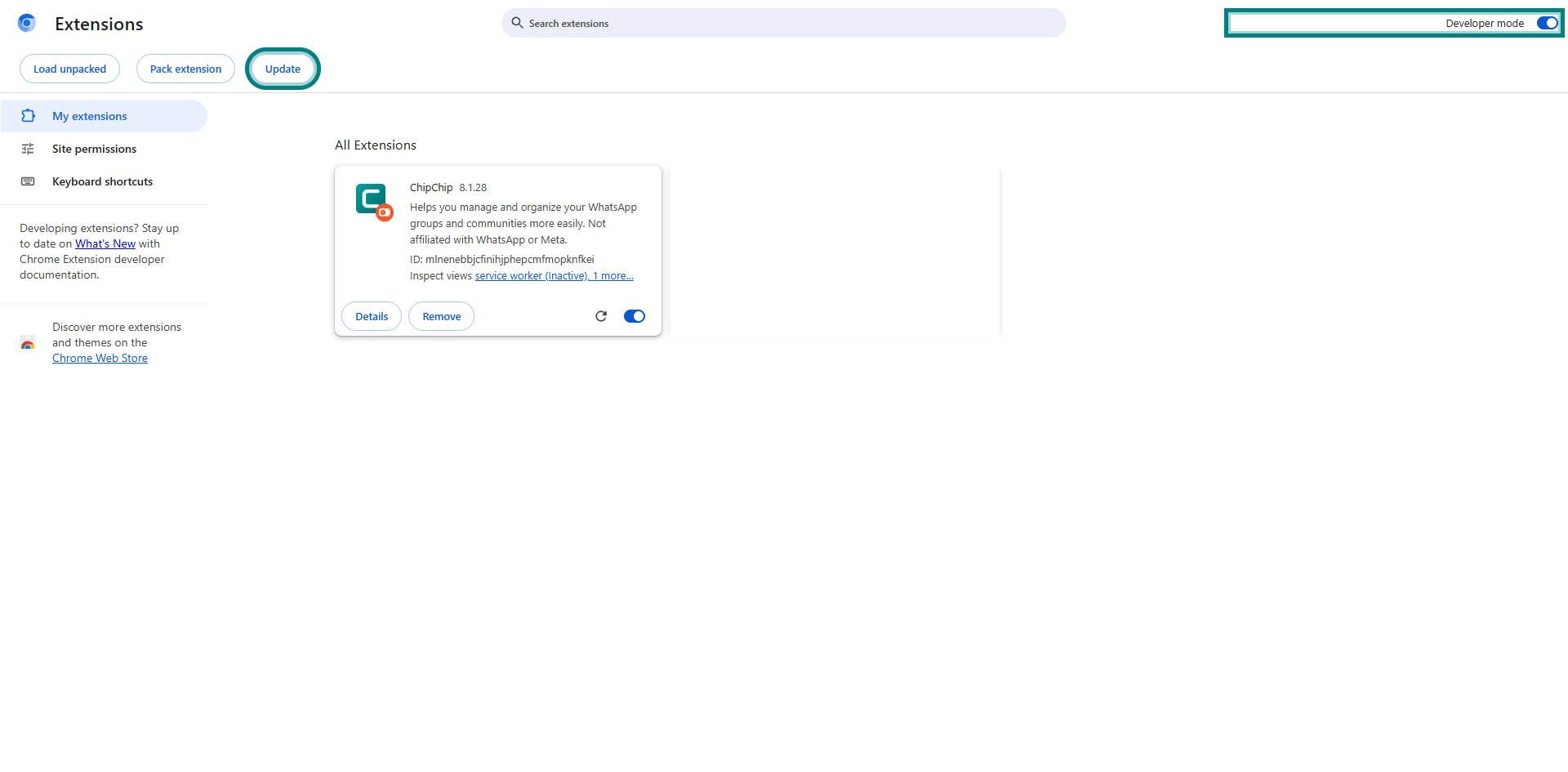 Chrome extensions page with teal arrow pointing to Developer mode