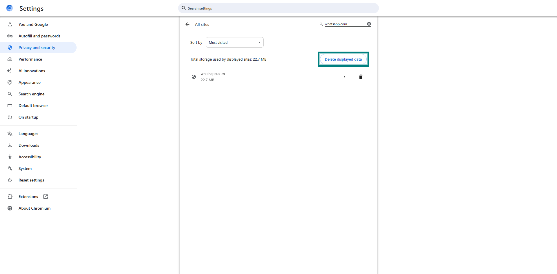 Chrome Settings All sites with Delete displayed data button highlighted