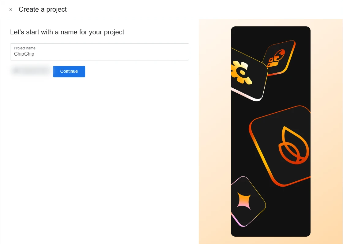 Firebase console: Create a project dialog with project name and blurred project ID