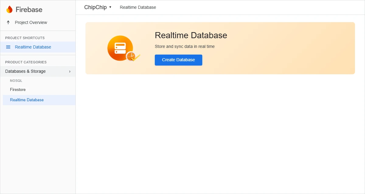 Firebase console: Realtime Database selected under Databases and Storage with Create Database