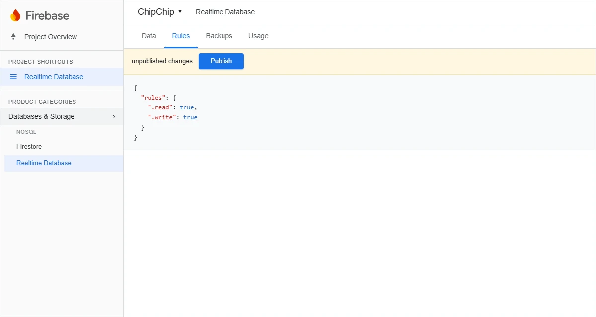 Firebase console: Realtime Database Rules tab with read and write set to true