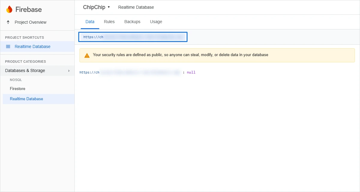 Firebase console: Data tab with top database URL highlighted to copy