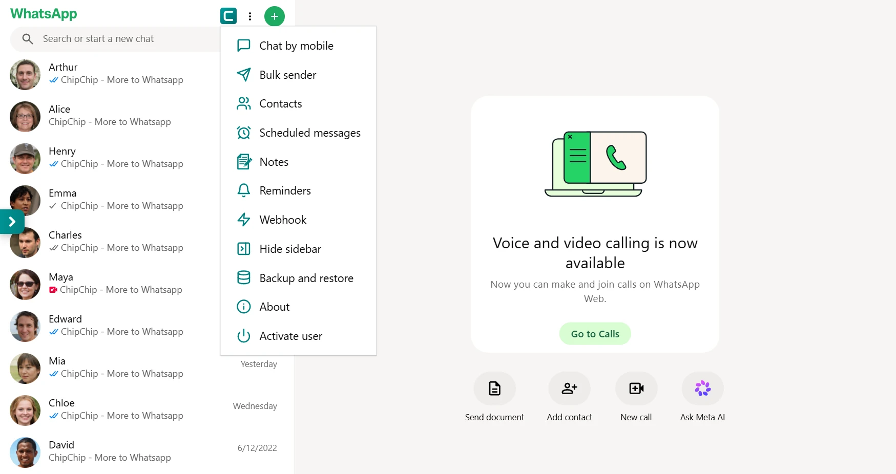 Preview of ChipChip menu on WhatsApp Web