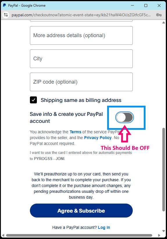 PayPal checkout: turn OFF Save info and create your PayPal account to pay by card as a guest