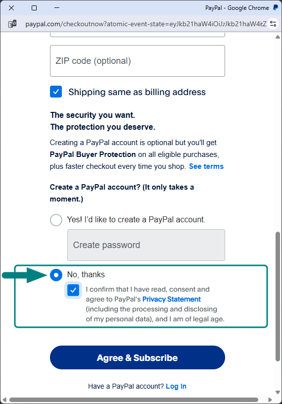 PayPal checkout: select No, thanks to pay without creating a PayPal account
