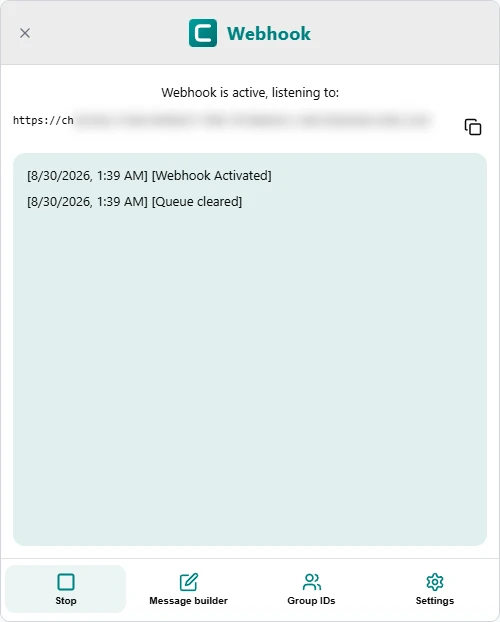 ChipChip webhook running: listening URL with copy button, activity log, and Stop in the tab bar